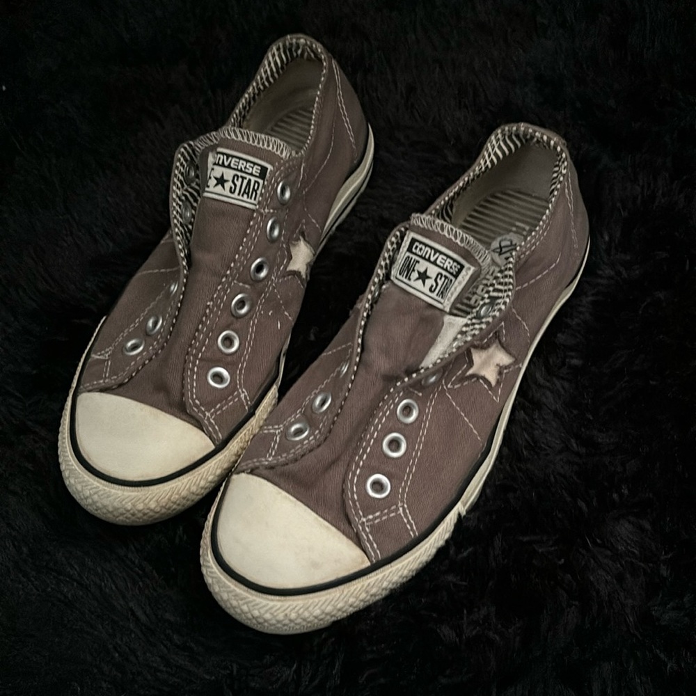 Brown/Grey Converse All Star Low- Laceless and Distressed